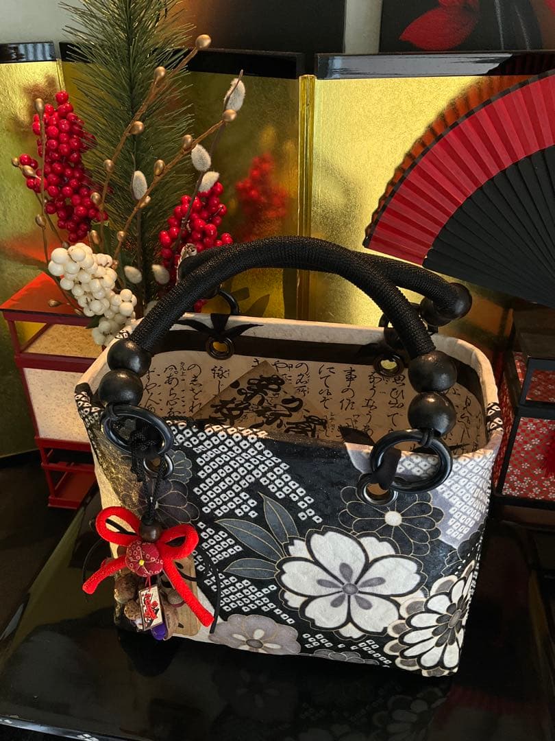 一閑張り　一閑張りバッグ　古文書　和紙　花絵柄　大正　着物　桜　京友禅　ダリア菊