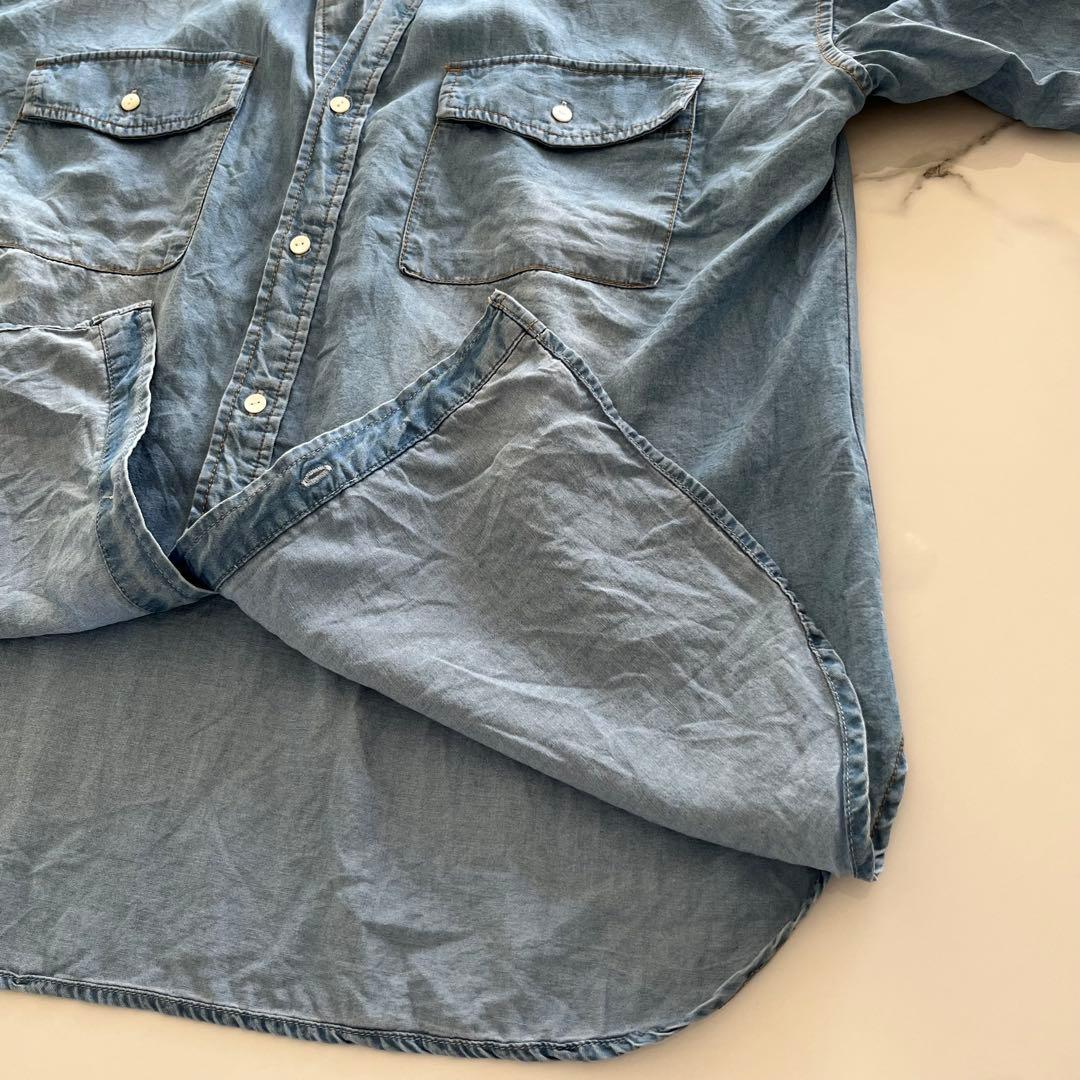 DouDou デニムVネックシャツ　ブルー　長袖　ゆったり　羽織り着痩せブラウス