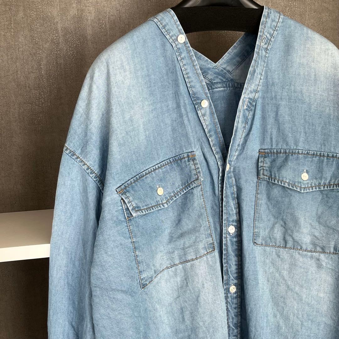 DouDou デニムVネックシャツ　ブルー　長袖　ゆったり　羽織り着痩せブラウス