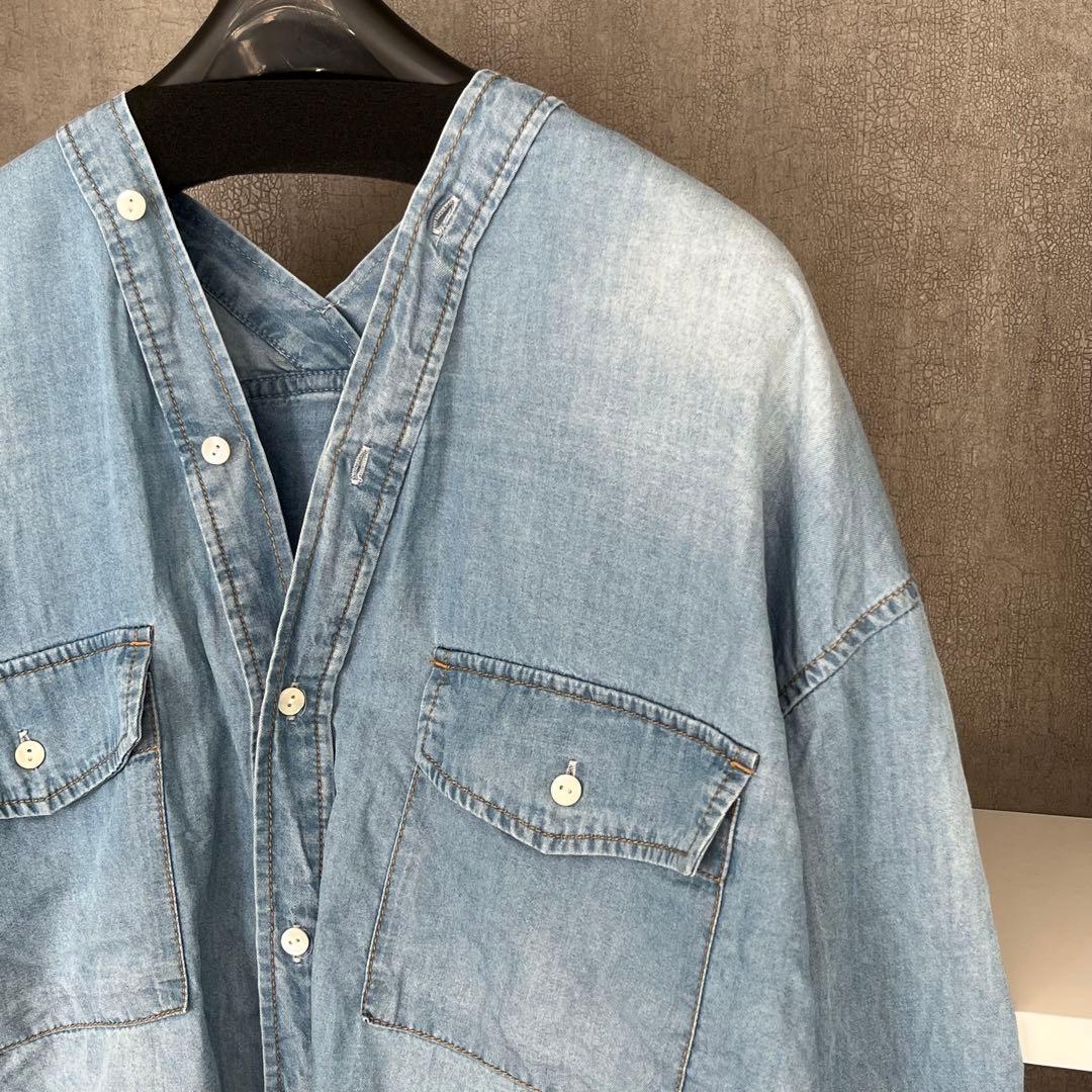 DouDou デニムVネックシャツ　ブルー　長袖　ゆったり　羽織り着痩せブラウス