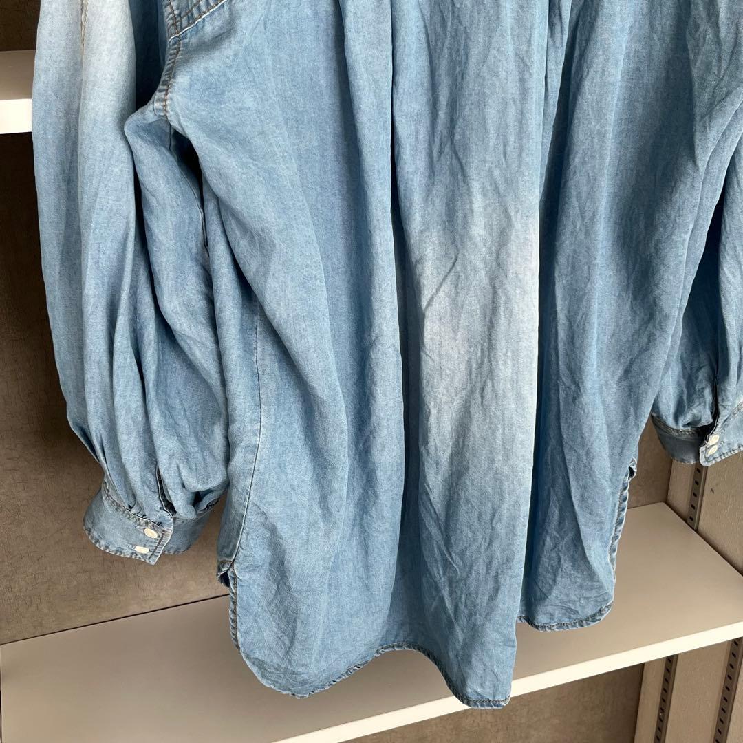 DouDou デニムVネックシャツ　ブルー　長袖　ゆったり　羽織り着痩せブラウス