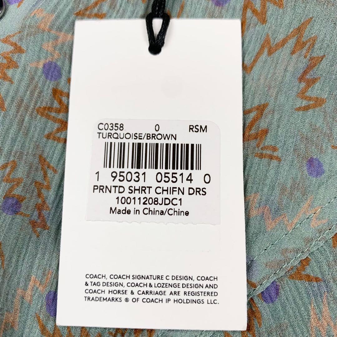 新品　COACH コーチ　シルク100% シフォンワンピース　総柄　グリーン系