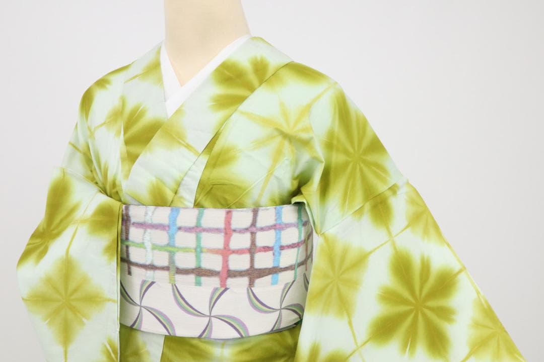 《長尺■しぼり浴衣◆雪花絞■板締め絞り■白×菜種油色◆木綿着物◆UG7-15》