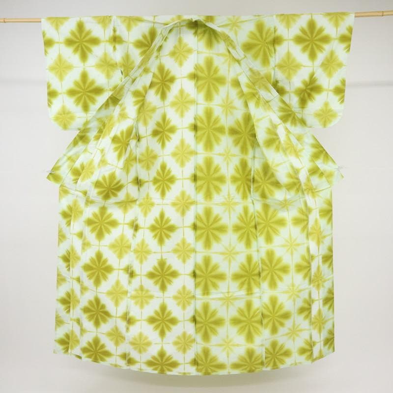 《長尺■しぼり浴衣◆雪花絞■板締め絞り■白×菜種油色◆木綿着物◆UG7-15》