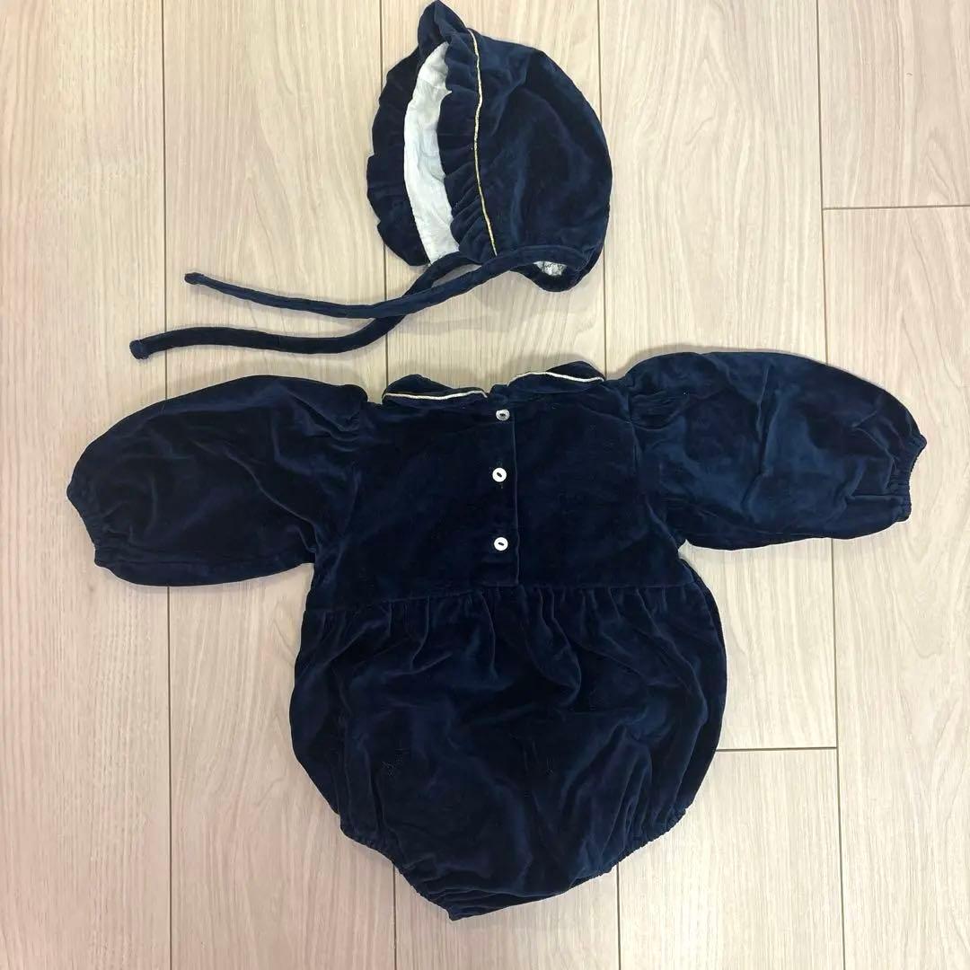 コントンさんへ　Bebe organicネイビー ベロアコットンロンパース