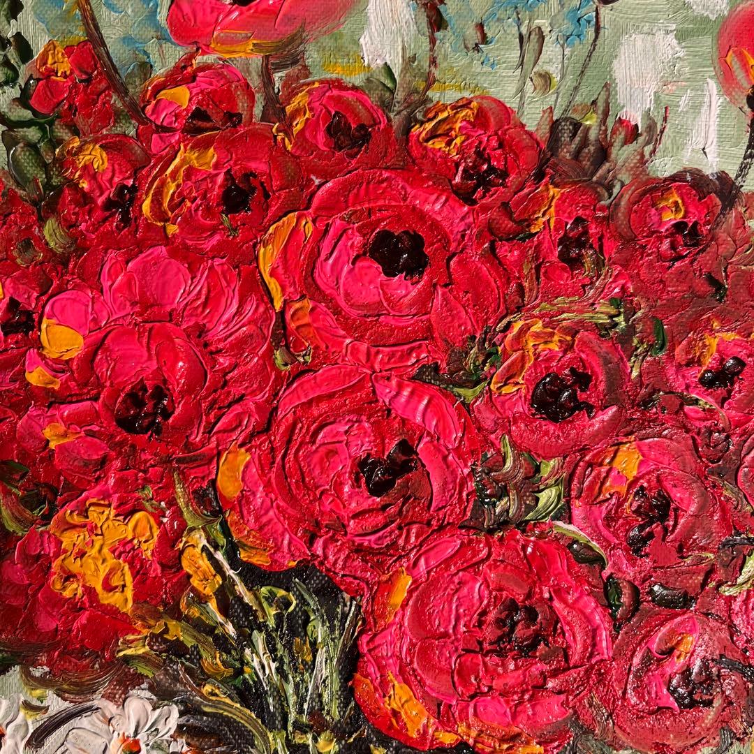 手書き油絵 ゴッホ 赤いヒナゲシとヒナギク 額付 絵画 インテリア 油彩画