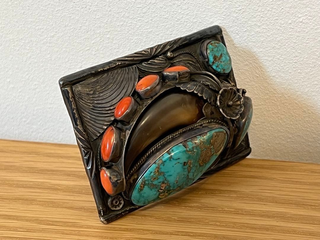 ネイティブ・アメリカン ベアクロー・ターコイズ・コーラル装飾アンティークバックル