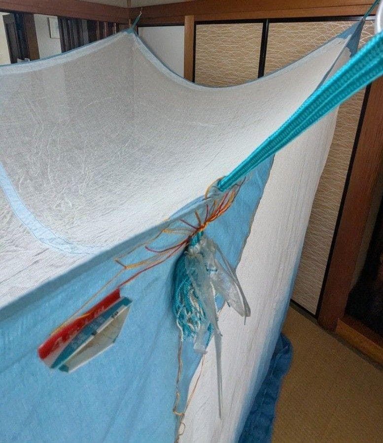 月印 本麻の蚊帳 4.5畳用 白×藍色グラデーション 未使用品 ヴィンテージ品