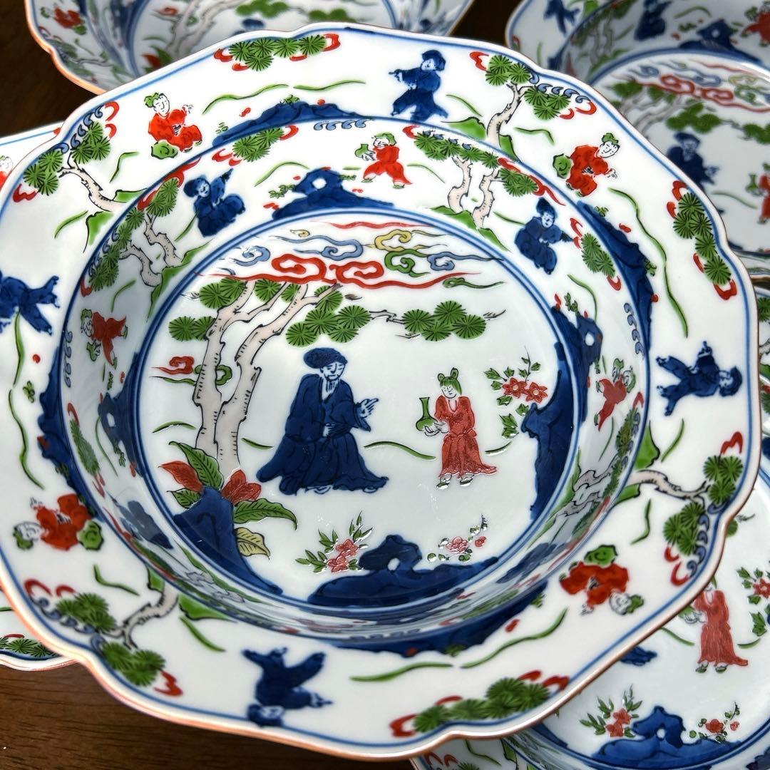 [希少] 未使用　有田焼　幸楽窯　八角　深皿　中鉢　色彩唐人図　5客セット　美品