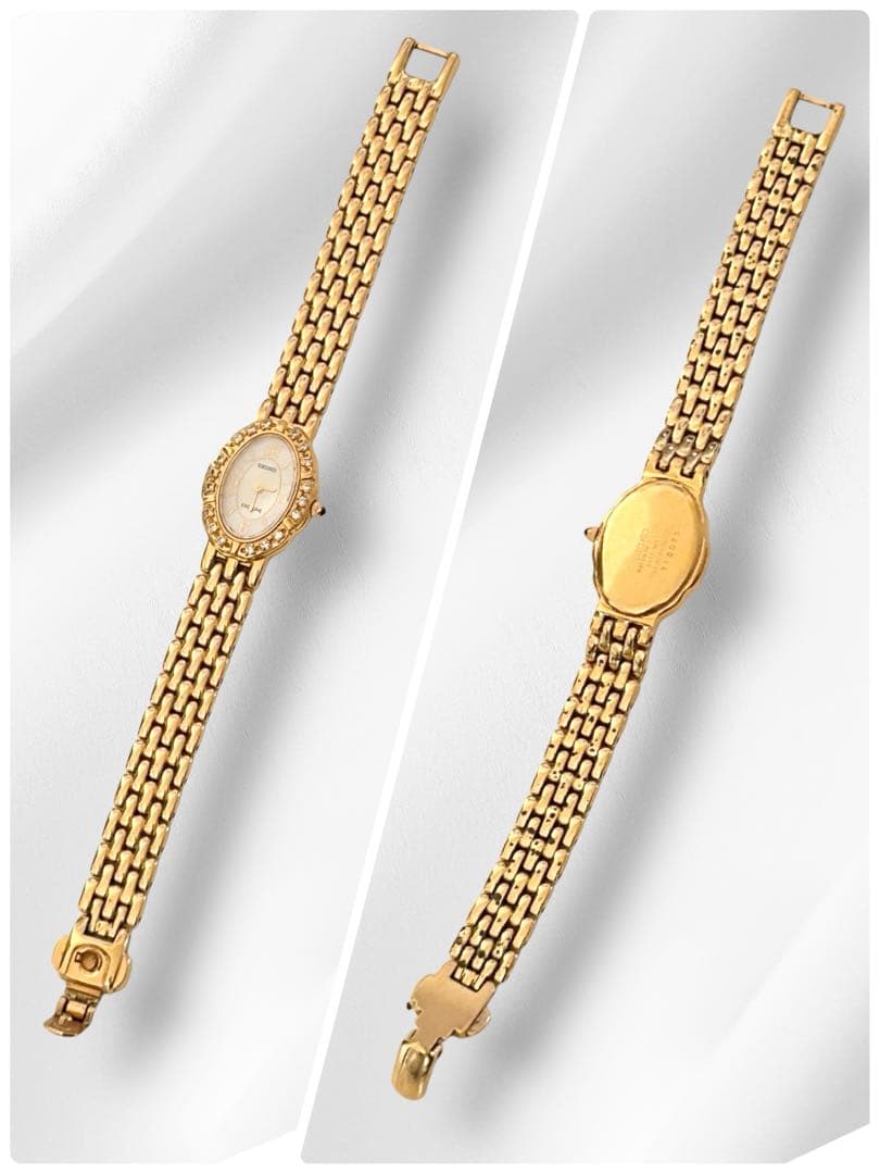 【稼働品】SEIKO エクセリーヌ 18Pダイヤベゼル シェル文字盤 腕時計