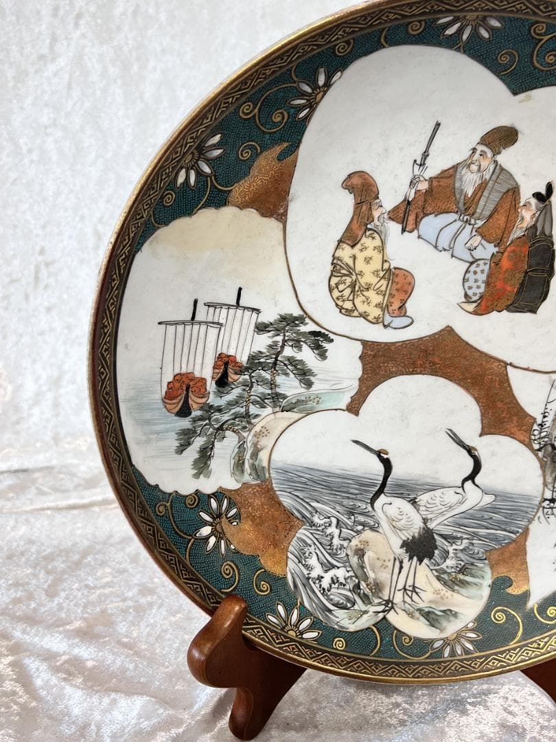 九谷焼青粒金彩割取皿　明治期 松竹紋　双鶴紋　翁紋