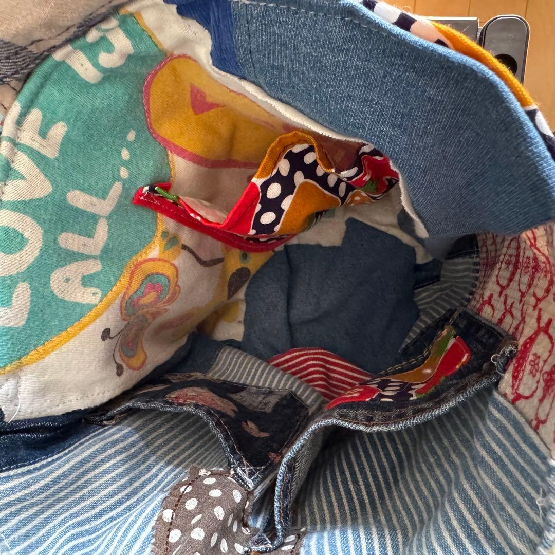 ハンドメイド デニムリメイク バッグ サロペット レトロアニマル 楕円底 32
