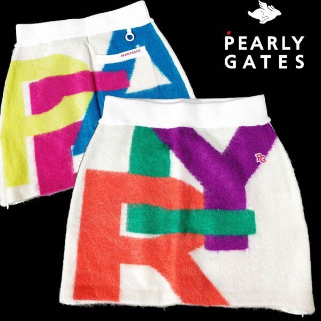 【PEARLY GATES】秋冬モヘヤ混 羊毛ニットスカートカラフルロゴ・1番M