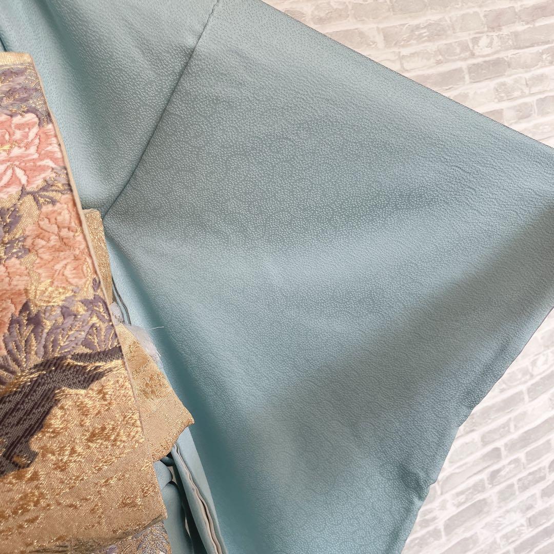 色無地　フルセット　唐草地紋　水色　シンプル　礼装　カジュアル　着物　I9