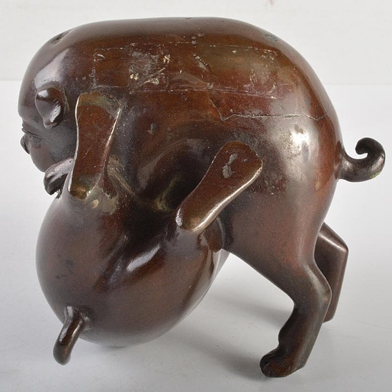 明治金工　古銅　子犬　双犬　置物　G　R6994