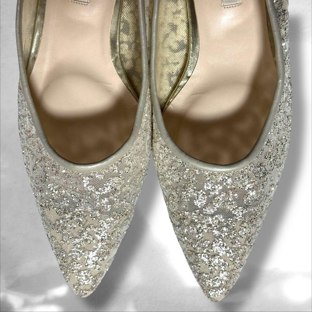 DIANA グリッターチュール　ロングノーズフラットシューズ　プラチナ　23.5