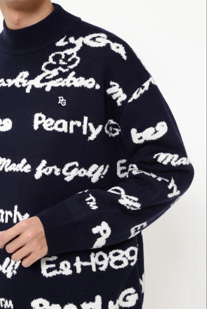 PEARLY GATES 天竺×ロゴインターシャ モックネックニットプルオーバー