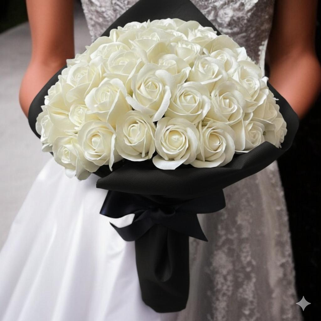 2.16記念日に 永遠に咲くサヴォンローズ モノトーン花束 黒リボン 推し活に