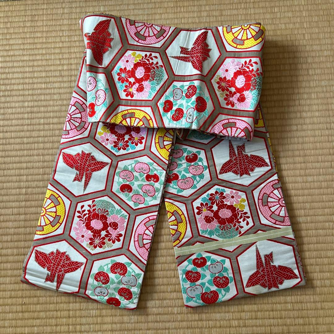 七五三　結び帯　帯　両面柄　赤　7歳　七歳　豪華両面柄入り　折鶴　折り鶴　鶴