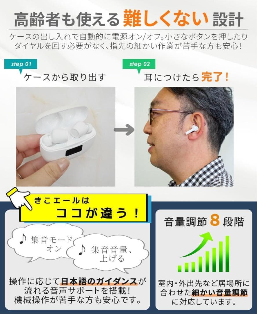 きこエール 集音器 ワイヤレスイヤホン 8段階調整 ブラック