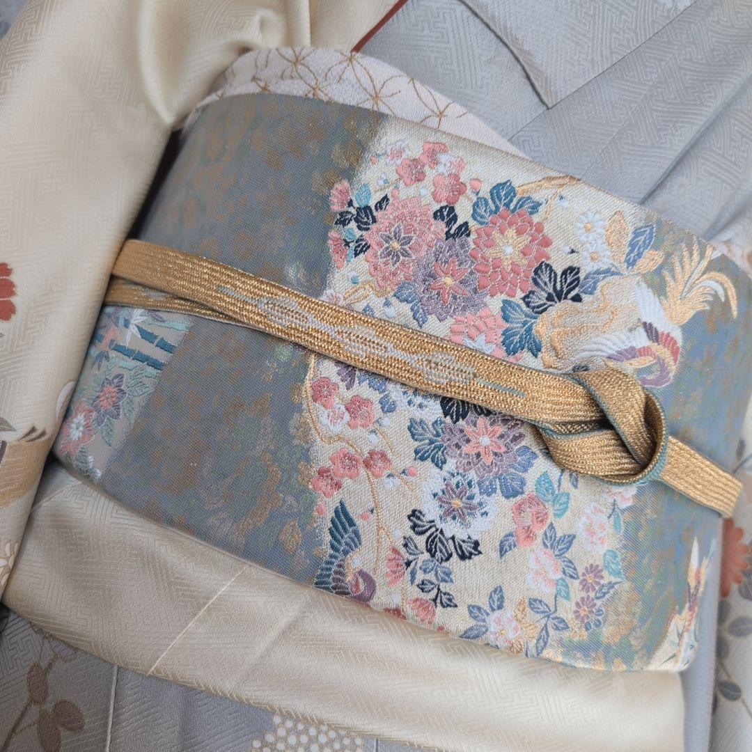 訪問着　フルセット　着物　正絹　淡い黄色　トールサイズ　比翼仕立　花金駒刺繍E2