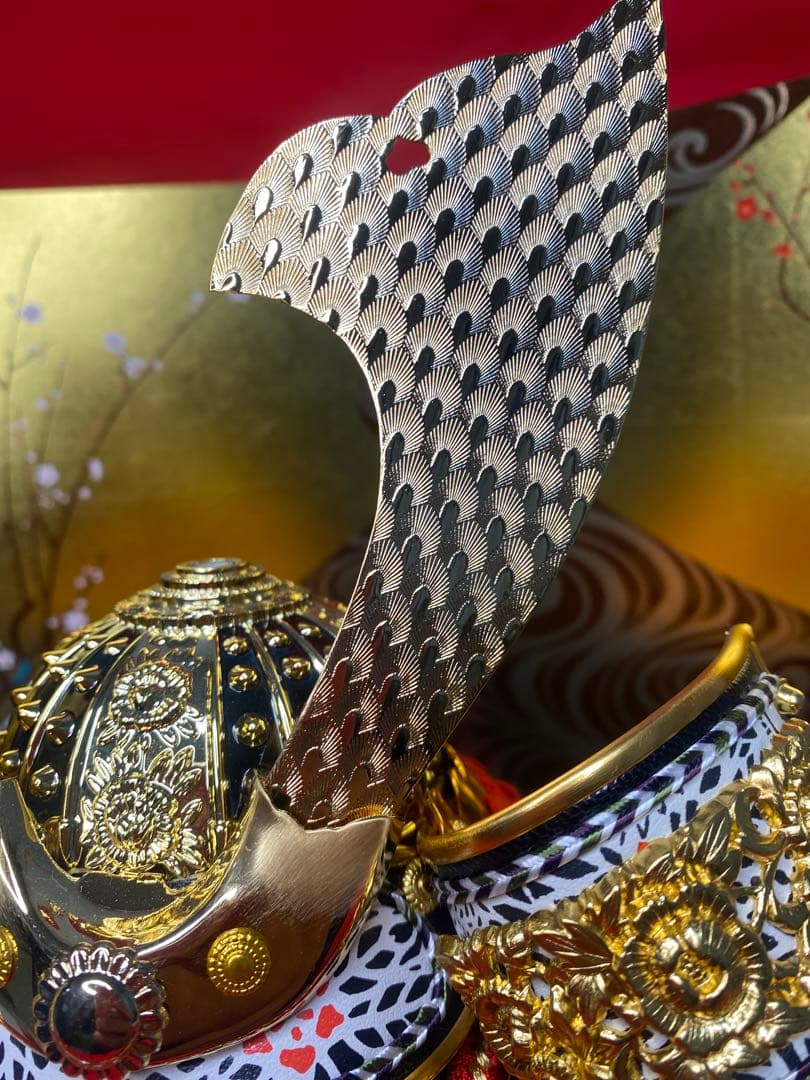 東京久月　五月人形　家紋付き兜飾り平飾りセット　正絹糸