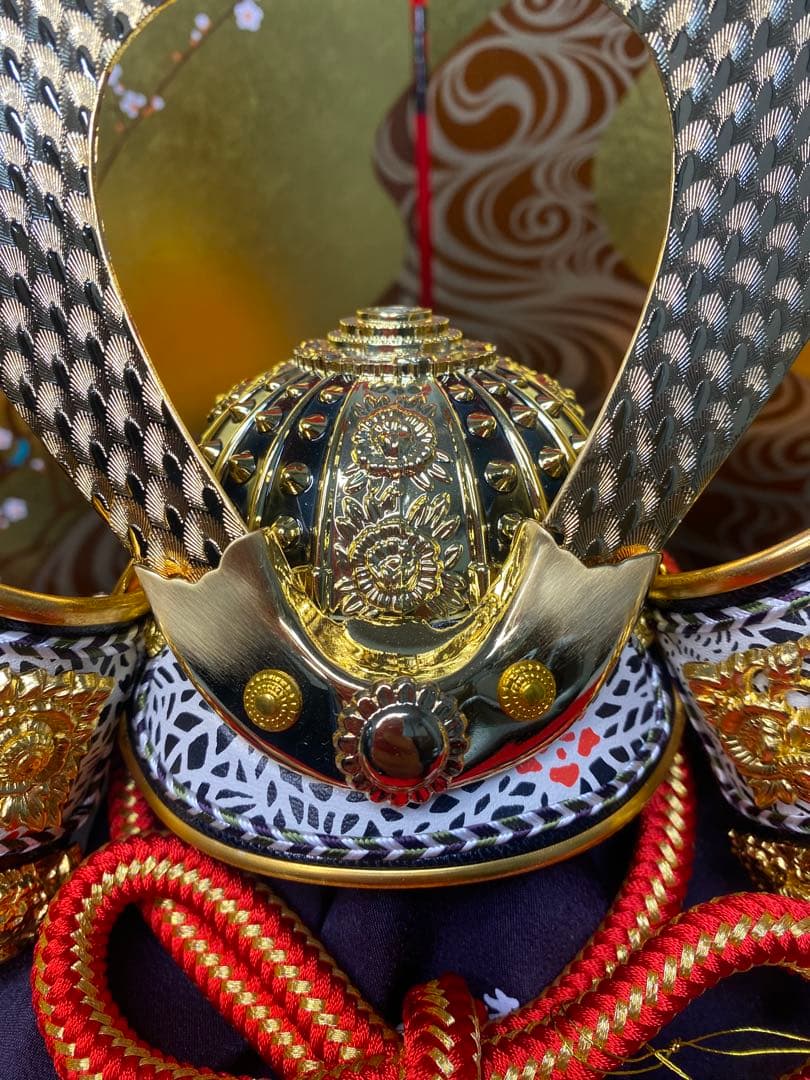 東京久月　五月人形　家紋付き兜飾り平飾りセット　正絹糸