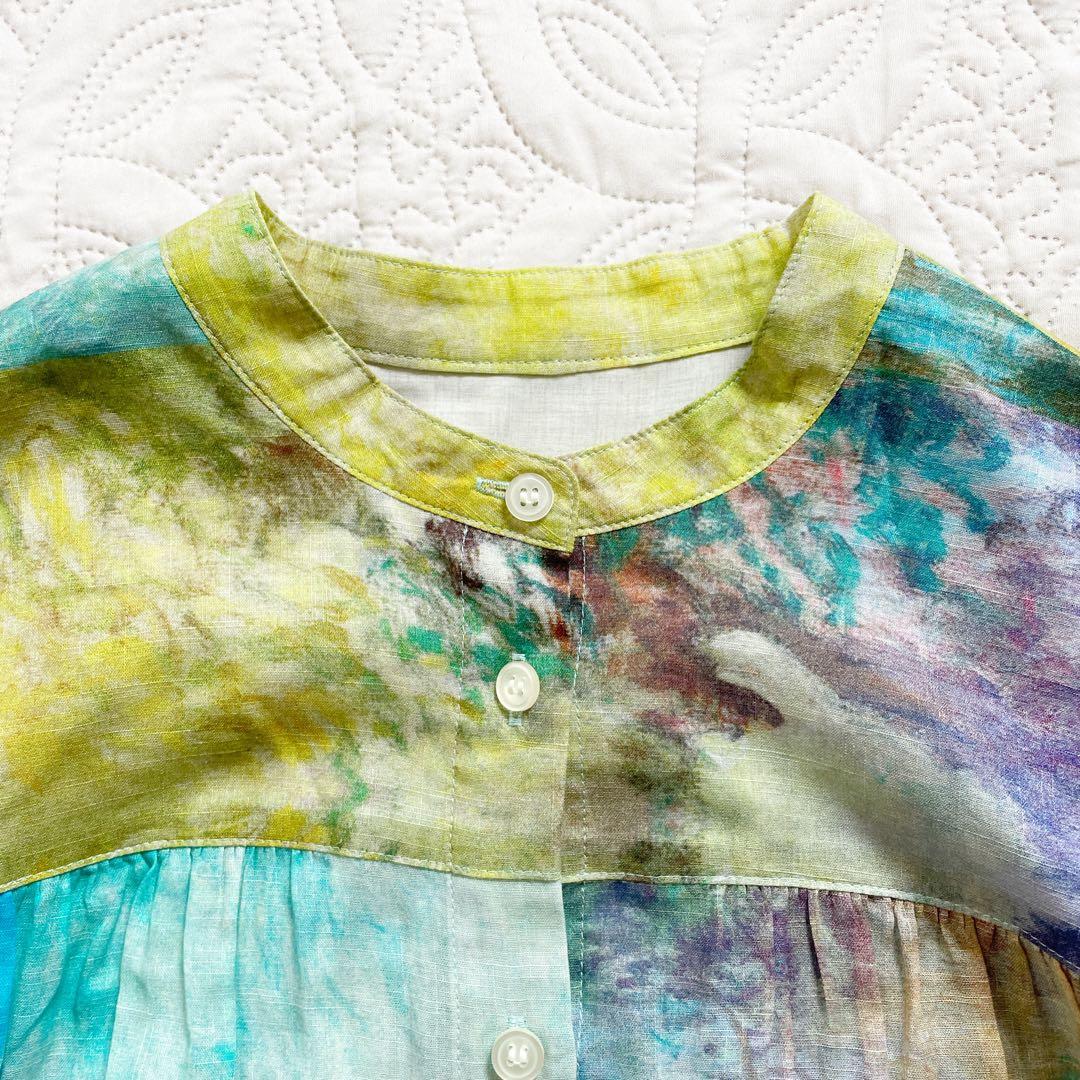 現行　レリアン　ブラウス　11号　シアー素材　バンドカラー　パッチワーク風　綿麻