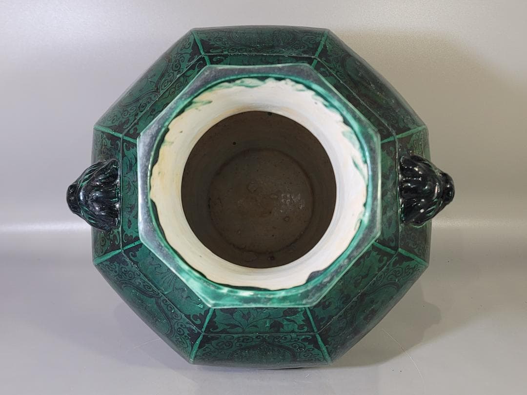 古い 中国 緑釉 獣耳 六角 瓶 高さ 39.5ｃｍ DT621