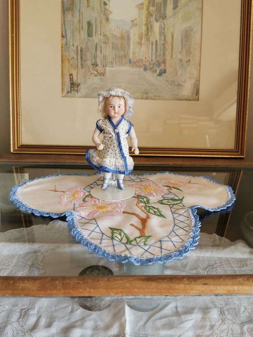 アンティーク ミニョネット オールビスクドール 可愛いインディゴ花柄ワンピース