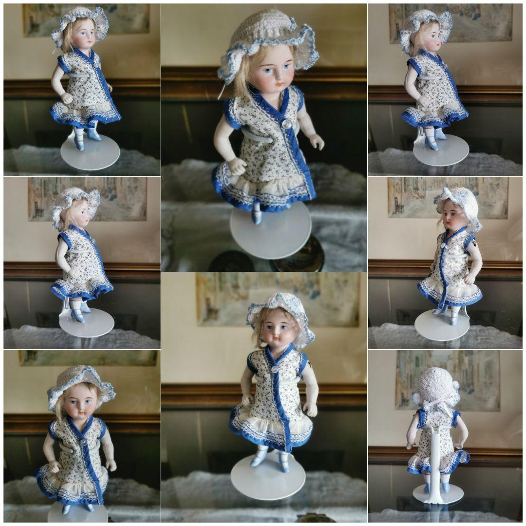 アンティーク ミニョネット オールビスクドール 可愛いインディゴ花柄ワンピース