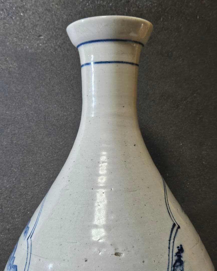 李朝　青華　染付　楼閣山水人物図　大瓶 大壺　高 約37.2cm　韓国古美術