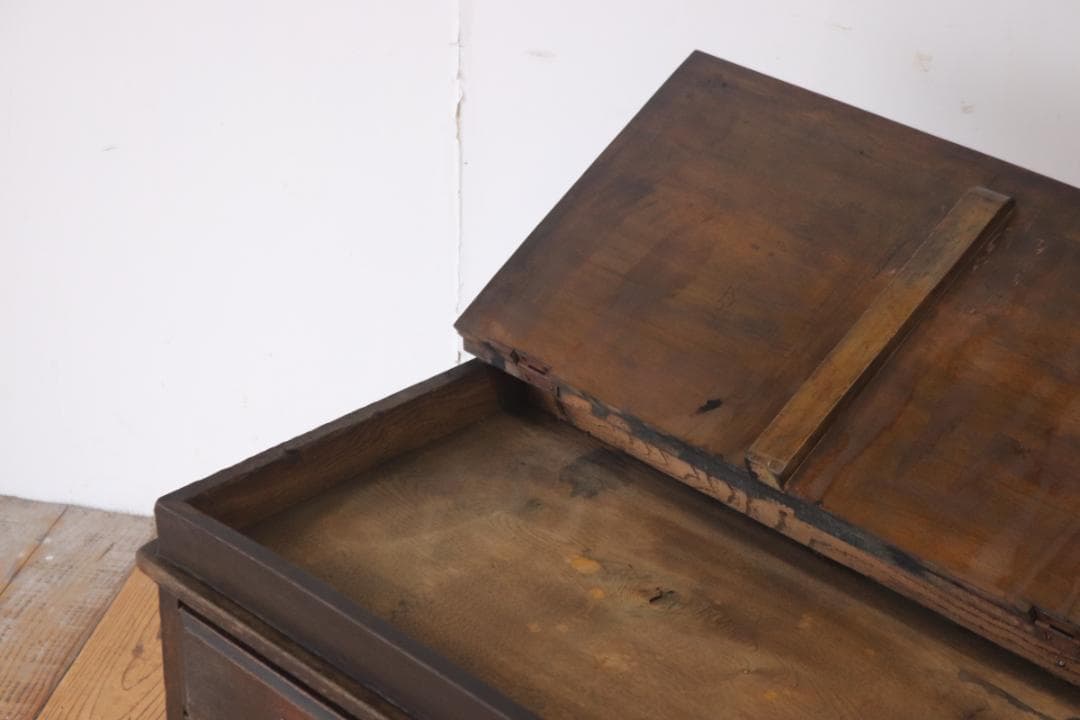 レトロ 文机 ローテーブル 座卓 帳場机 跳ね上げ天板 無垢材 引き出し 2杯