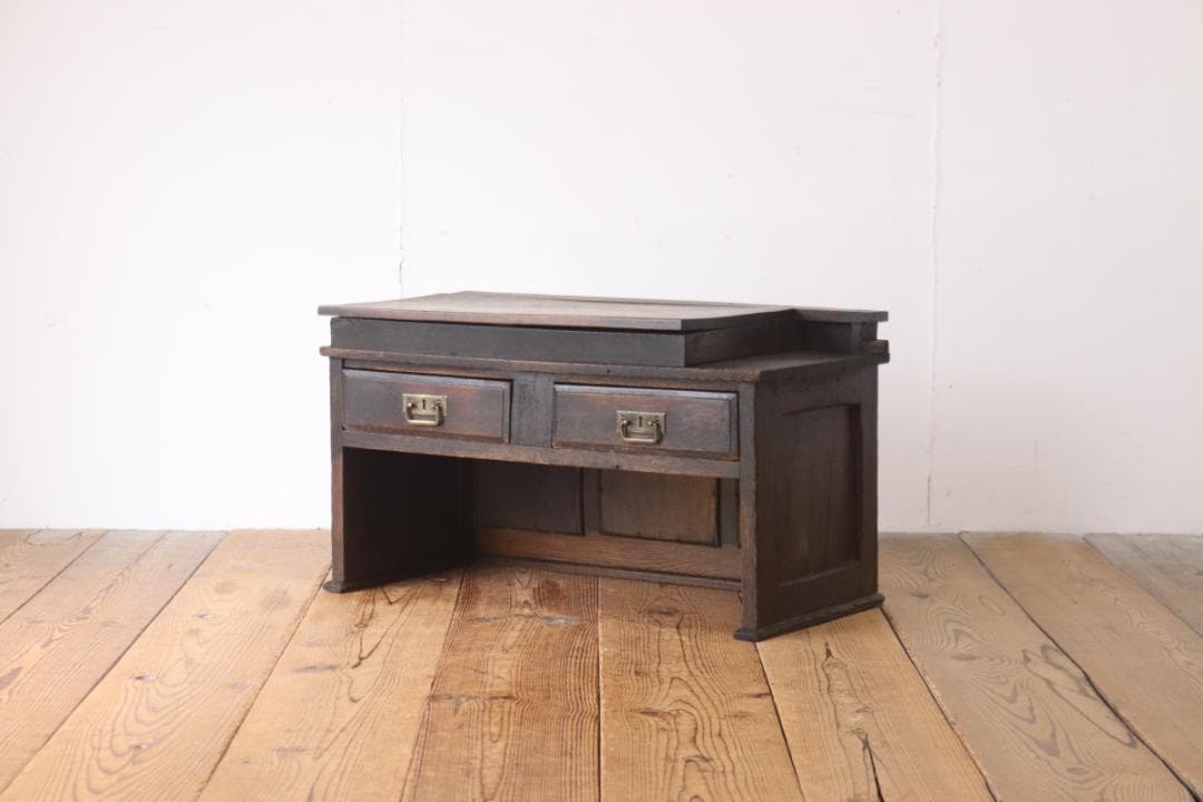 レトロ 文机 ローテーブル 座卓 帳場机 跳ね上げ天板 無垢材 引き出し 2杯