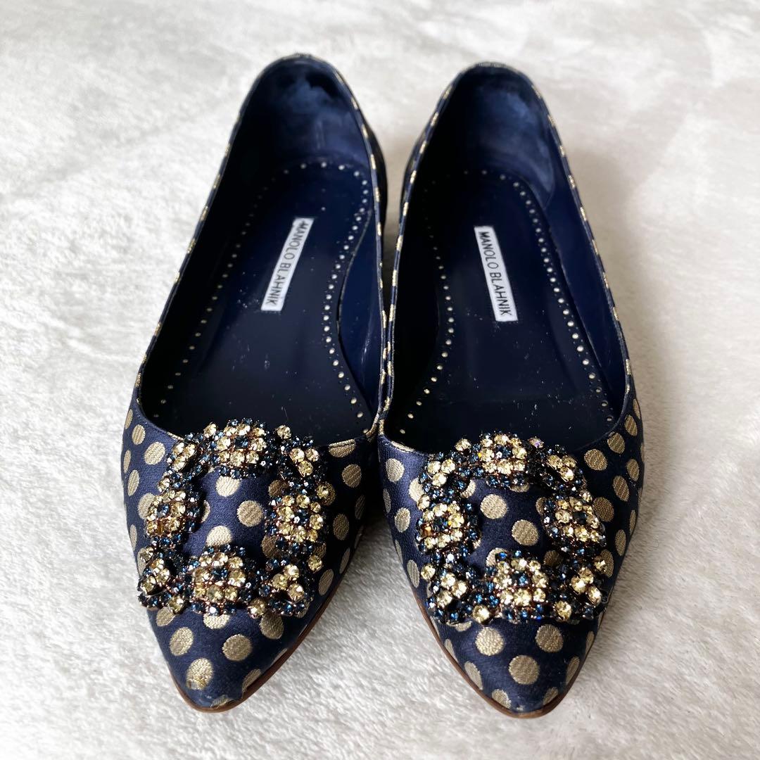 ★美品★マノロブラニク　パンプス　バレエフラット　ハンギシ　ドット　サテン　37