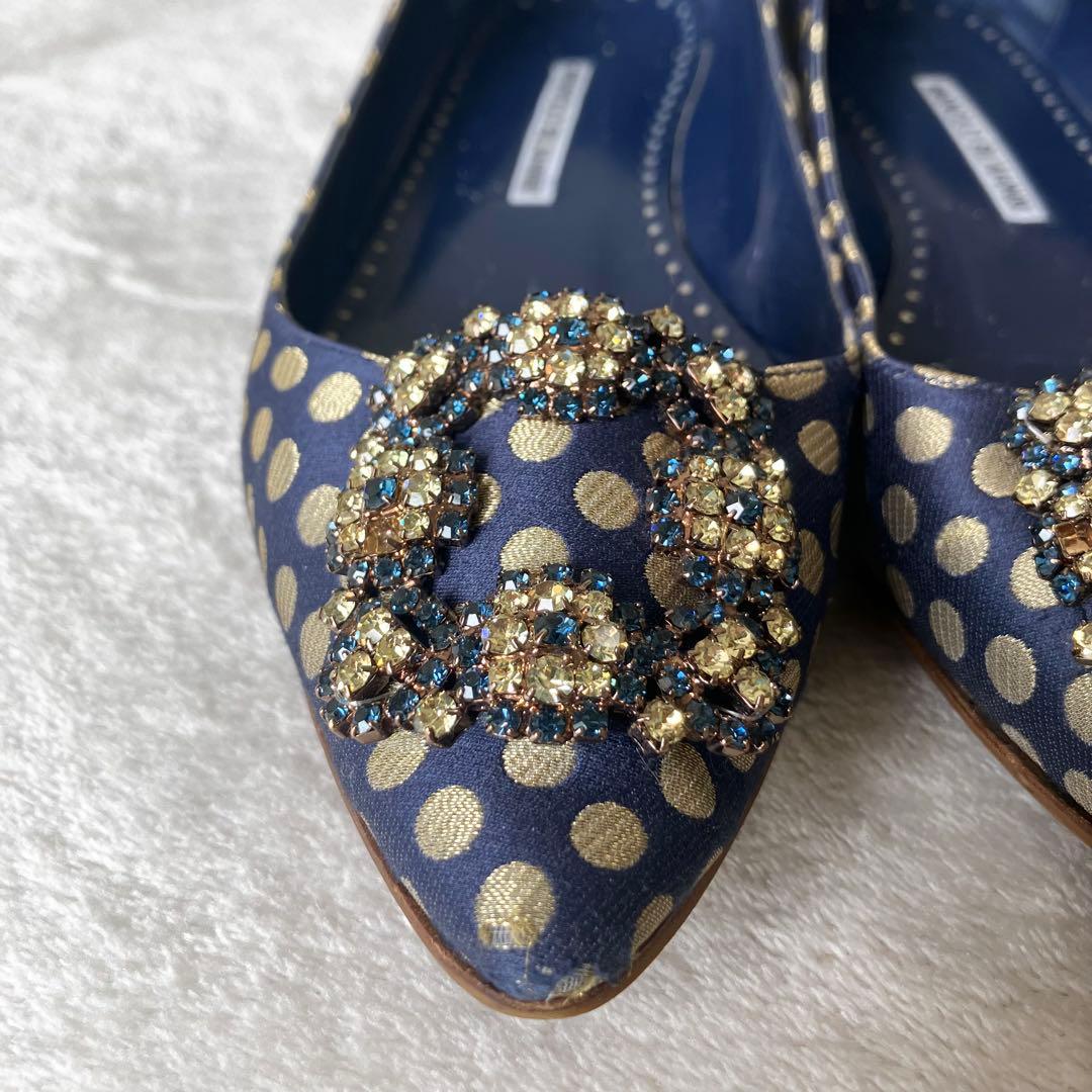 ★美品★マノロブラニク　パンプス　バレエフラット　ハンギシ　ドット　サテン　37