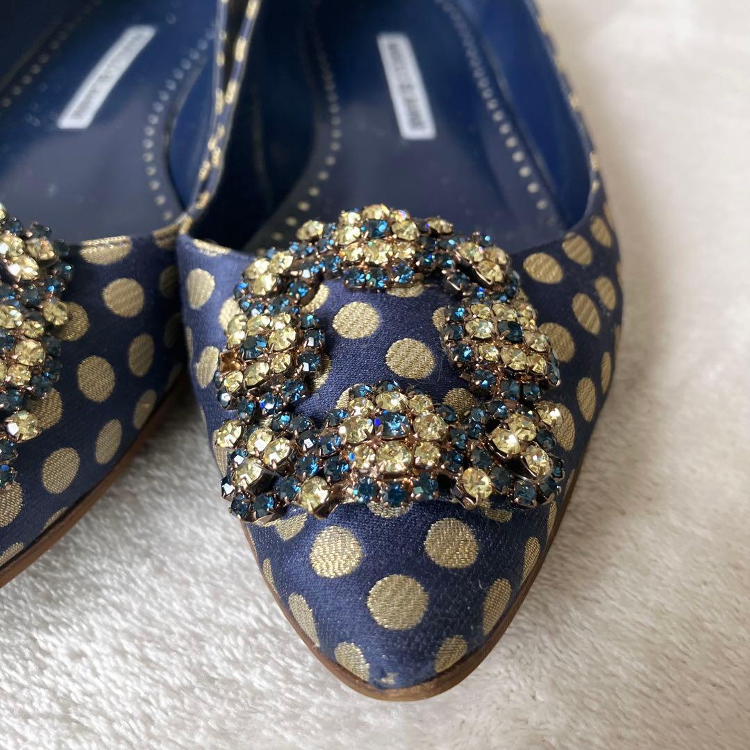 ★美品★マノロブラニク　パンプス　バレエフラット　ハンギシ　ドット　サテン　37