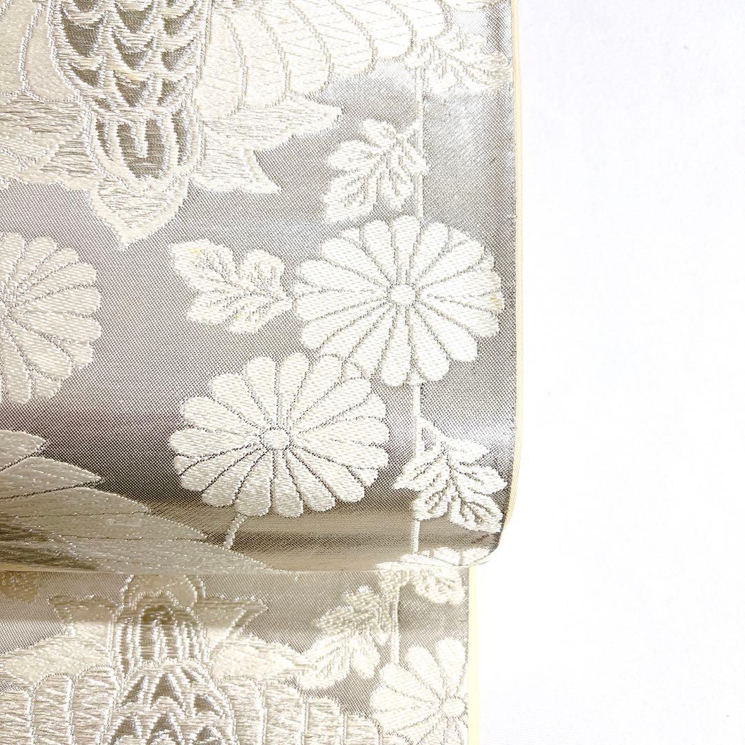 袋帯　唐織　双鶴文　鶴　菊花　白地　銀糸　着物　011tz