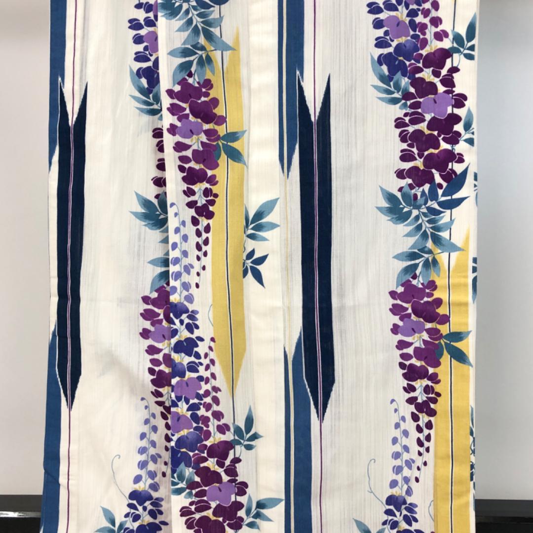 夏着物 浴衣 藤の花模様 矢羽根 乳白色 K-4839