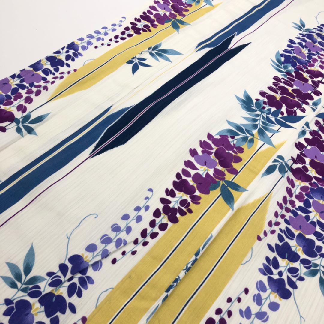 夏着物 浴衣 藤の花模様 矢羽根 乳白色 K-4839