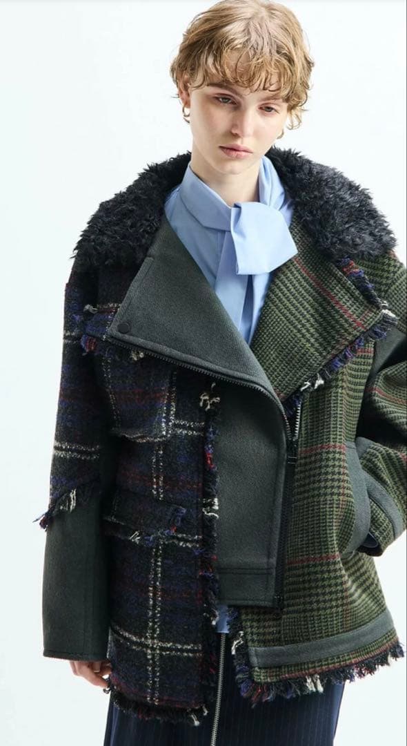 新品AULAAILA パッチワークボアチェックフリンジライダース