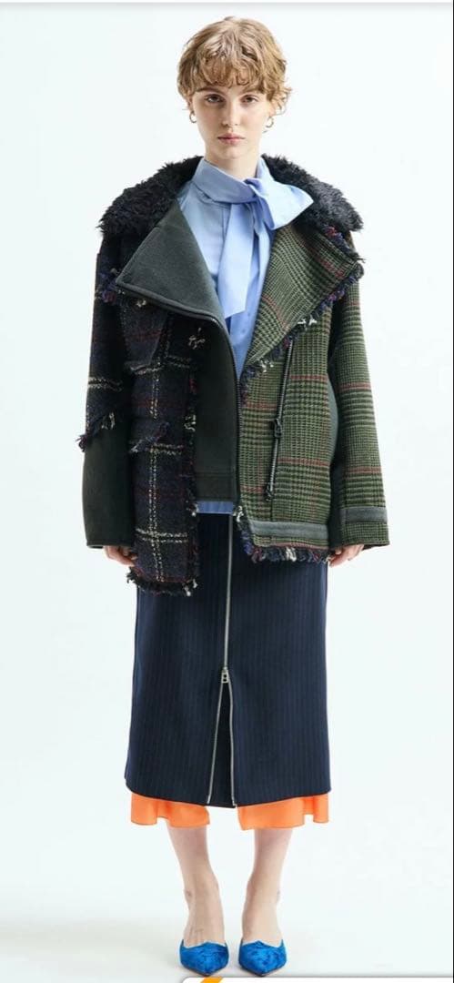 新品AULAAILA パッチワークボアチェックフリンジライダース