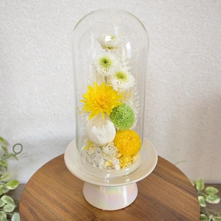 お供え用 おおきめ仏花 プリザーブドフラワーアレンジ ガラスドームで長持ち 白緑