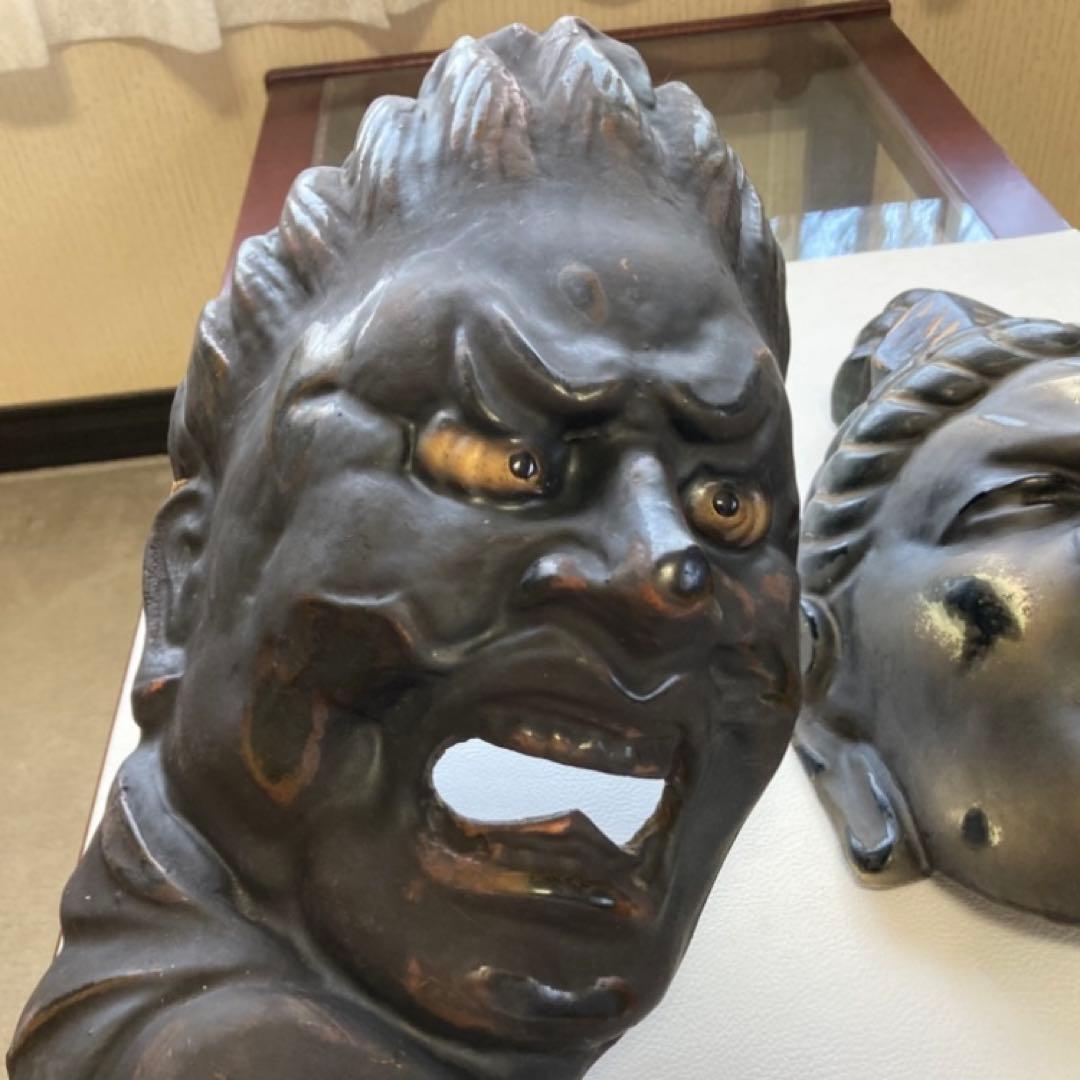 伐折羅大将 広目天⁇ お面 壁掛け 乾漆⁇ 仏教 美術 2点 骨董品 レトロ