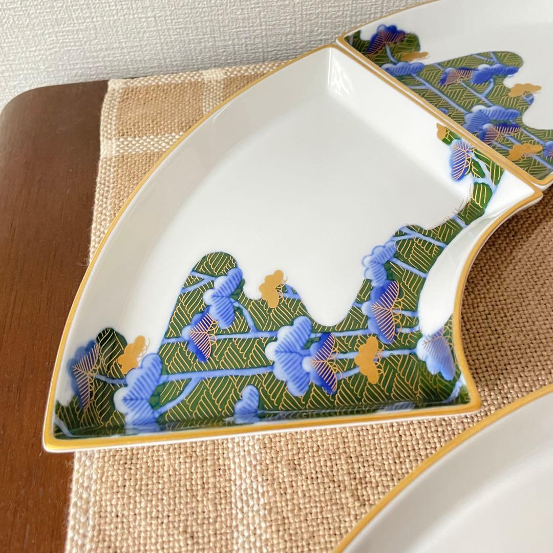 【皇室御用達】深川製磁 扇形皿 5客セット 松文様 金彩 有田焼 銘々皿 美品