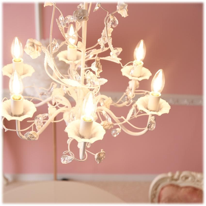 【LED電球付き】6灯ホワイトローズシャンデリア