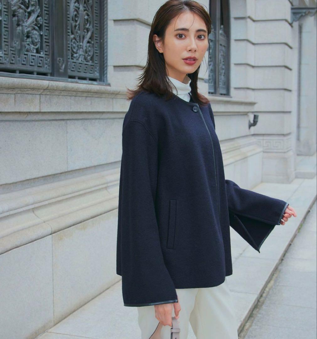 新品タグ付✨冬春に◎23区 2023年モデル ウール混ノーカラーアウター コート