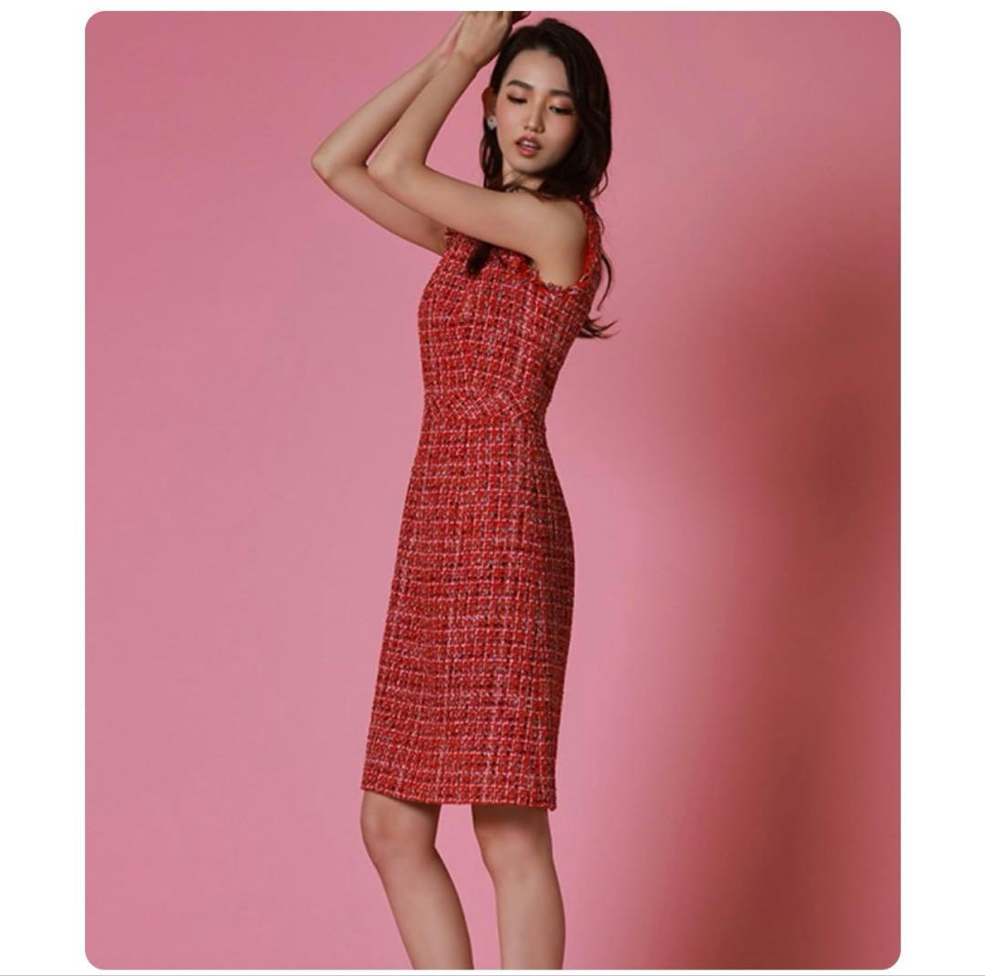 ERUKEI]レッド・ツイード・フリンジAライン膝丈ミニドレスワンピース黒木麗奈