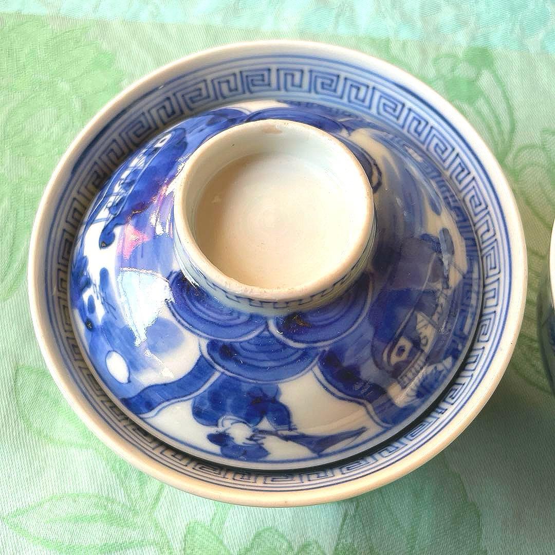 幕末明治　異人　外来船　蓋付きご飯茶碗　5客
