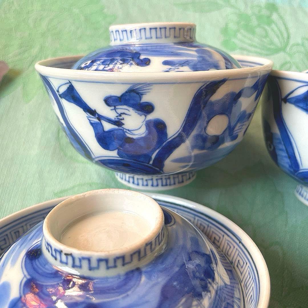 幕末明治　異人　外来船　蓋付きご飯茶碗　5客